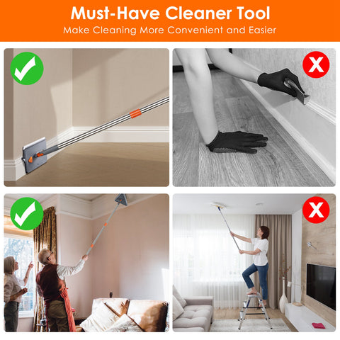 Wall Cleaner Mop With Squeegee Extendable Long Handle 360 Rotatable Convex Design Baseboard Mop For Wall Ceiling Window 1Set 2 In 1