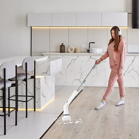 Electric Spin Scrubber Cordless Rechargeable Telescopic Cleaning Brush 6 Replaceable Heads 2 Speed Adjustable Extension Arm Bathroom Tub Tile Floor
