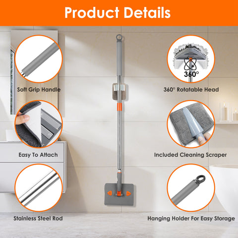 Wall Cleaner Mop With Squeegee Extendable Long Handle 360 Rotatable Convex Design Baseboard Mop For Wall Ceiling Window 1Set 2 In 1