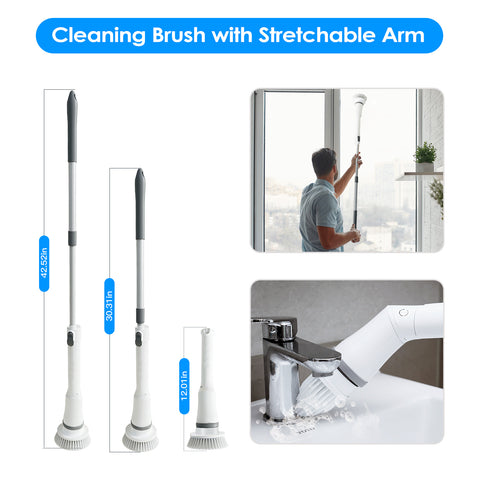 Electric Spin Scrubber Cordless Rechargeable Telescopic Cleaning Brush 6 Replaceable Heads 2 Speed Adjustable Extension Arm Bathroom Tub Tile Floor