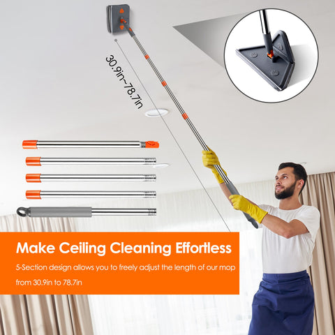 Wall Cleaner Mop With Squeegee Extendable Long Handle 360 Rotatable Convex Design Baseboard Mop For Wall Ceiling Window 1Set 2 In 1