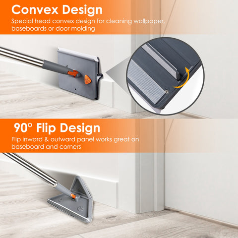 Wall Cleaner Mop With Squeegee Extendable Long Handle 360 Rotatable Convex Design Baseboard Mop For Wall Ceiling Window 1Set 2 In 1